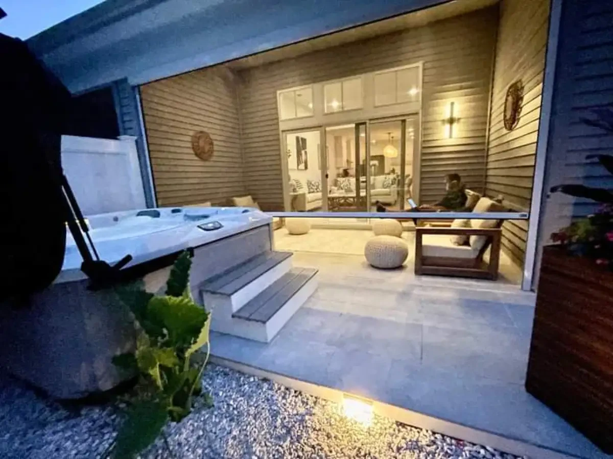 Patio steps and seating illuminated after dark